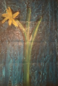 a painting of a yellow flower on a blue background