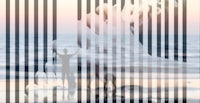 an image of a person standing on a beach with barcodes in the background